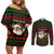 Viking Christmas Couples Matching Off Shoulder Short Dress and Long Sleeve Button Shirt with Santa Warrior Axe Nordic Symbols Red Green Black Knit Pattern Design - Wonder Print Shop