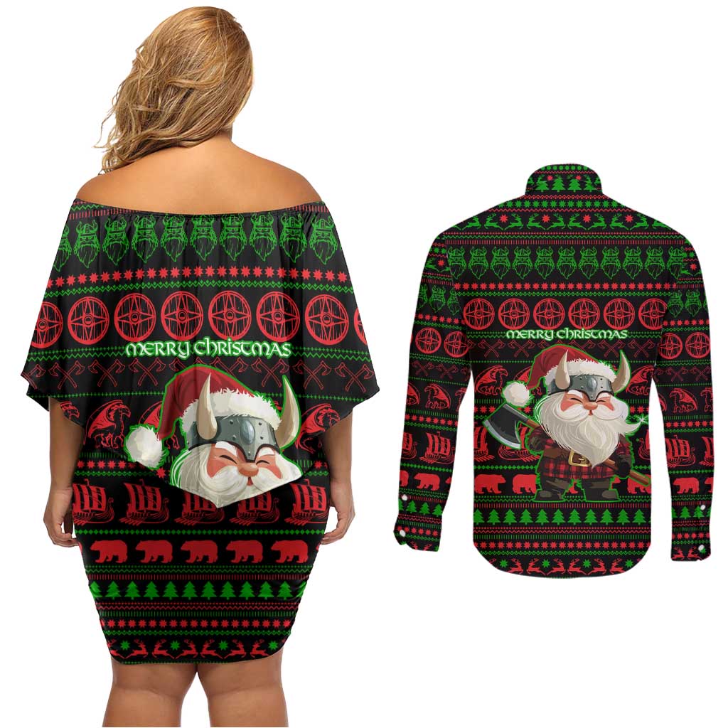 Viking Christmas Couples Matching Off Shoulder Short Dress and Long Sleeve Button Shirt with Santa Warrior Axe Nordic Symbols Red Green Black Knit Pattern Design - Wonder Print Shop