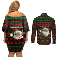 Viking Christmas Couples Matching Off Shoulder Short Dress and Long Sleeve Button Shirt with Santa Warrior Axe Nordic Symbols Red Green Black Knit Pattern Design - Wonder Print Shop