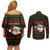 Viking Christmas Couples Matching Off Shoulder Short Dress and Long Sleeve Button Shirt with Santa Warrior Axe Nordic Symbols Red Green Black Knit Pattern Design - Wonder Print Shop