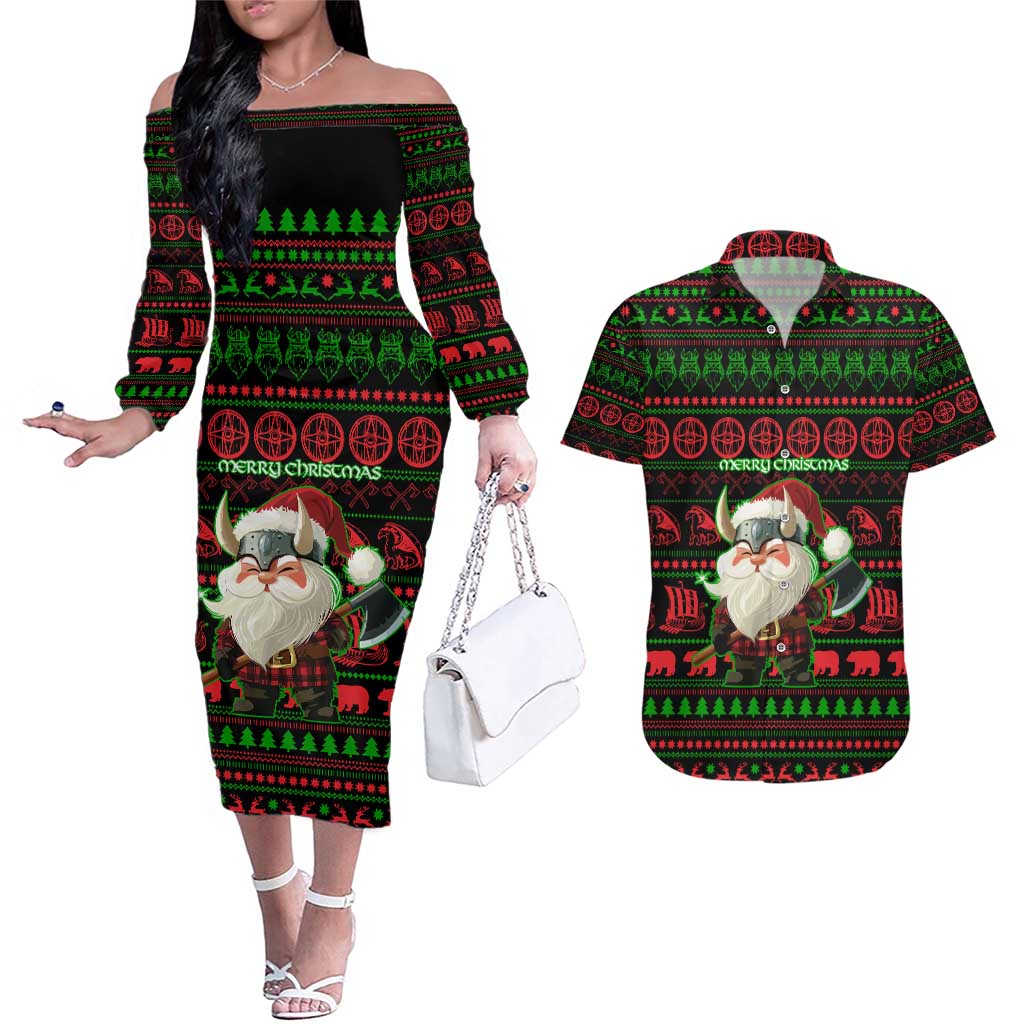 Viking Christmas Couples Matching Off The Shoulder Long Sleeve Dress and Hawaiian Shirt with Santa Warrior Axe Nordic Symbols Red Green Black Knit Pattern Design - Wonder Print Shop