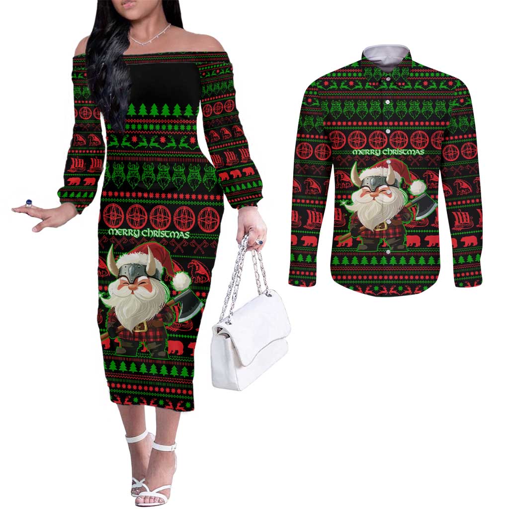 Viking Christmas Couples Matching Off The Shoulder Long Sleeve Dress and Long Sleeve Button Shirt with Santa Warrior Axe Nordic Symbols Red Green Black Knit Pattern Design - Wonder Print Shop
