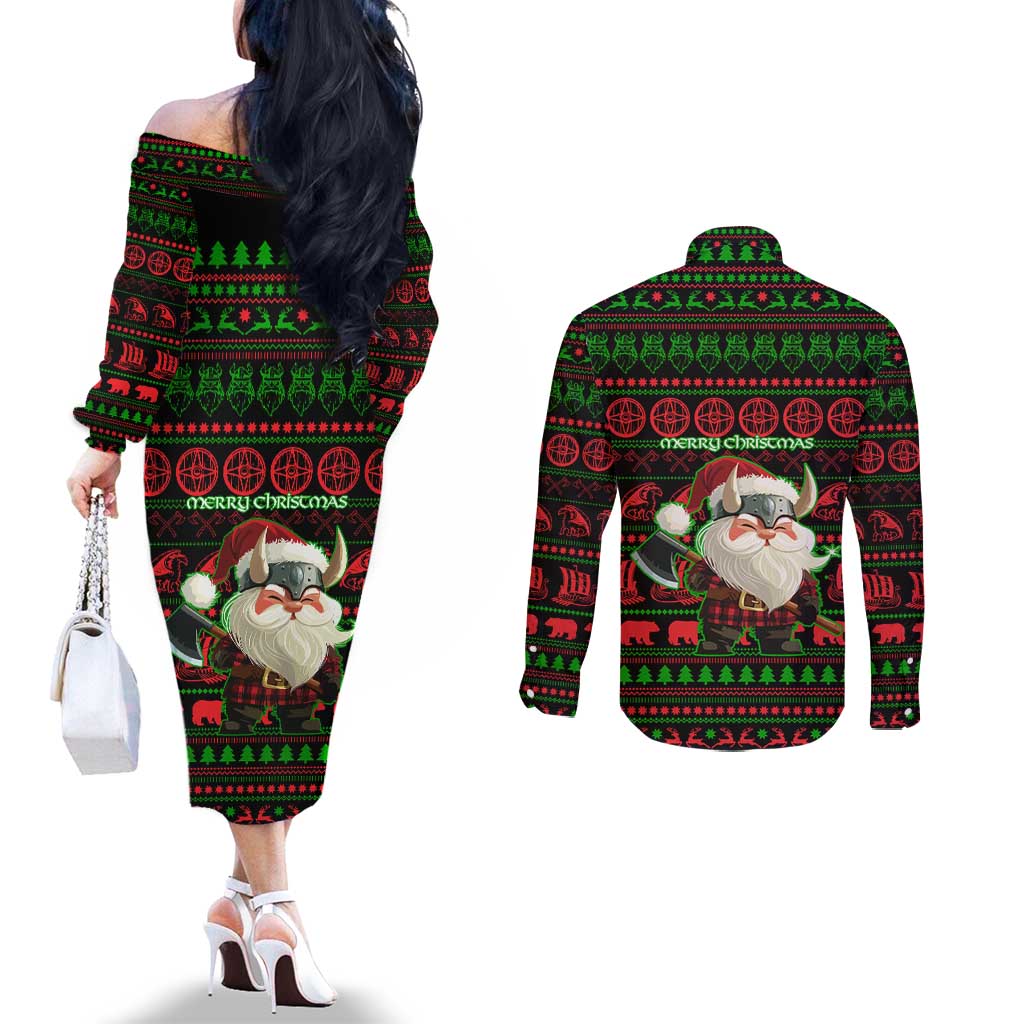 Viking Christmas Couples Matching Off The Shoulder Long Sleeve Dress and Long Sleeve Button Shirt with Santa Warrior Axe Nordic Symbols Red Green Black Knit Pattern Design - Wonder Print Shop
