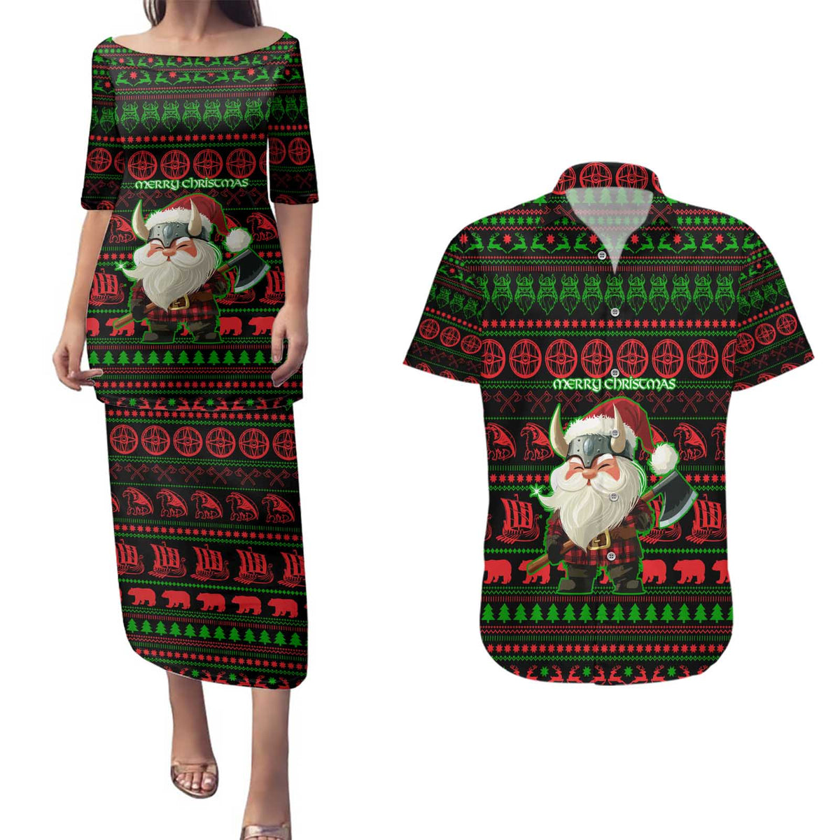 Viking Christmas Couples Matching Puletasi and Hawaiian Shirt with Santa Warrior Axe Nordic Symbols Red Green Black Knit Pattern Design - Wonder Print Shop