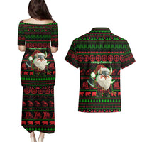 Viking Christmas Couples Matching Puletasi and Hawaiian Shirt with Santa Warrior Axe Nordic Symbols Red Green Black Knit Pattern Design - Wonder Print Shop