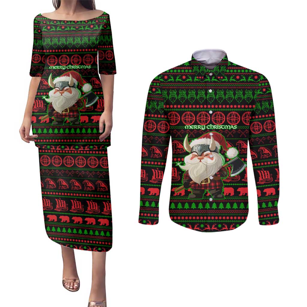 Viking Christmas Couples Matching Puletasi and Long Sleeve Button Shirt with Santa Warrior Axe Nordic Symbols Red Green Black Knit Pattern Design - Wonder Print Shop