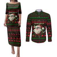 Viking Christmas Couples Matching Puletasi and Long Sleeve Button Shirt with Santa Warrior Axe Nordic Symbols Red Green Black Knit Pattern Design - Wonder Print Shop