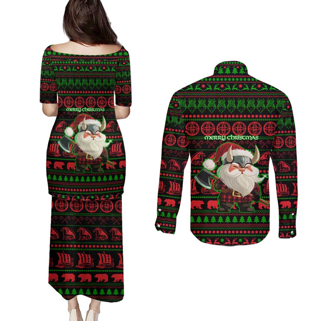 Viking Christmas Couples Matching Puletasi and Long Sleeve Button Shirt with Santa Warrior Axe Nordic Symbols Red Green Black Knit Pattern Design - Wonder Print Shop