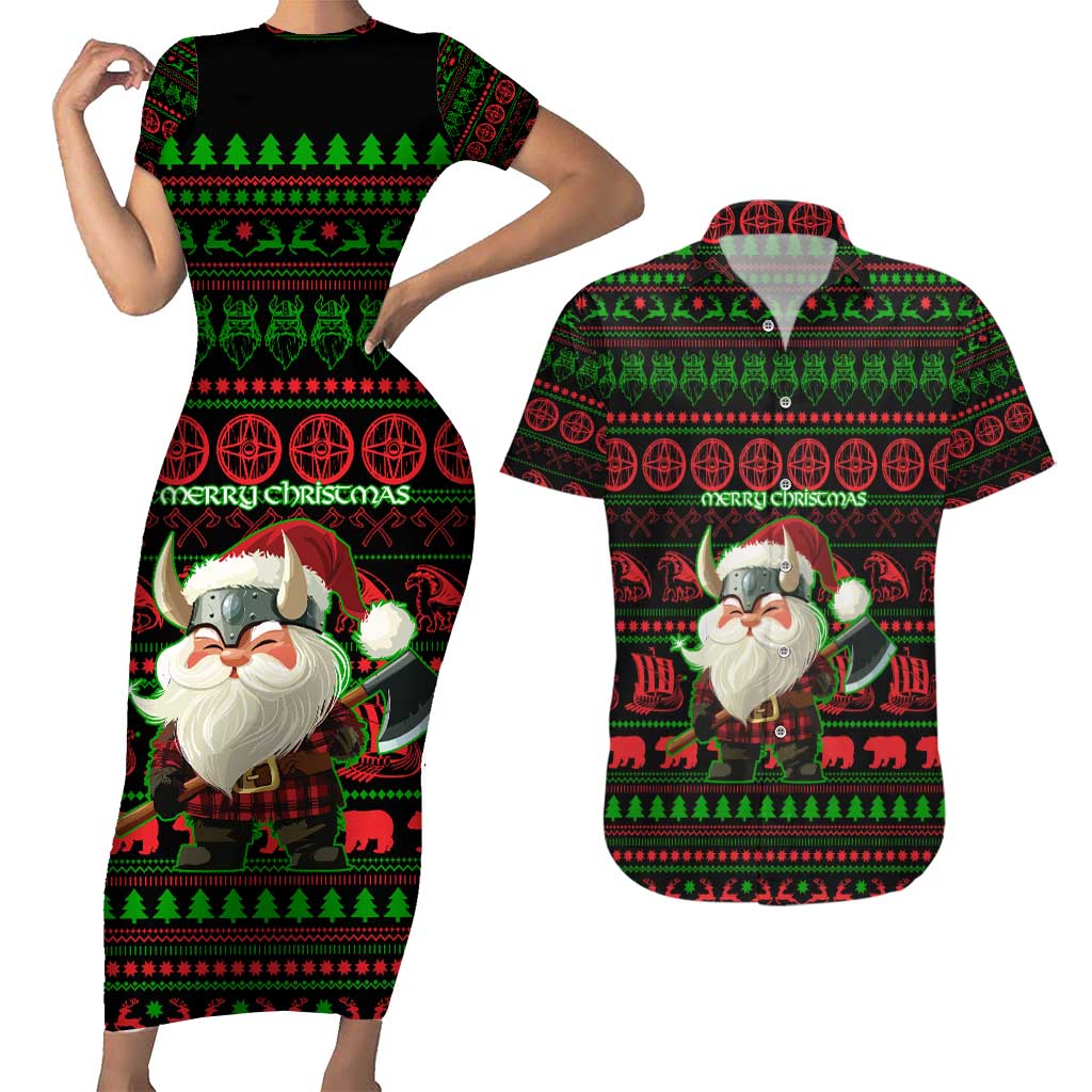 Viking Christmas Couples Matching Short Sleeve Bodycon Dress and Hawaiian Shirt with Santa Warrior Axe Nordic Symbols Red Green Black Knit Pattern Design - Wonder Print Shop