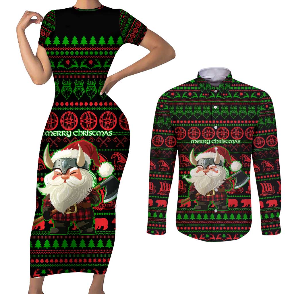 Viking Christmas Couples Matching Short Sleeve Bodycon Dress and Long Sleeve Button Shirt with Santa Warrior Axe Nordic Symbols Red Green Black Knit Pattern Design - Wonder Print Shop