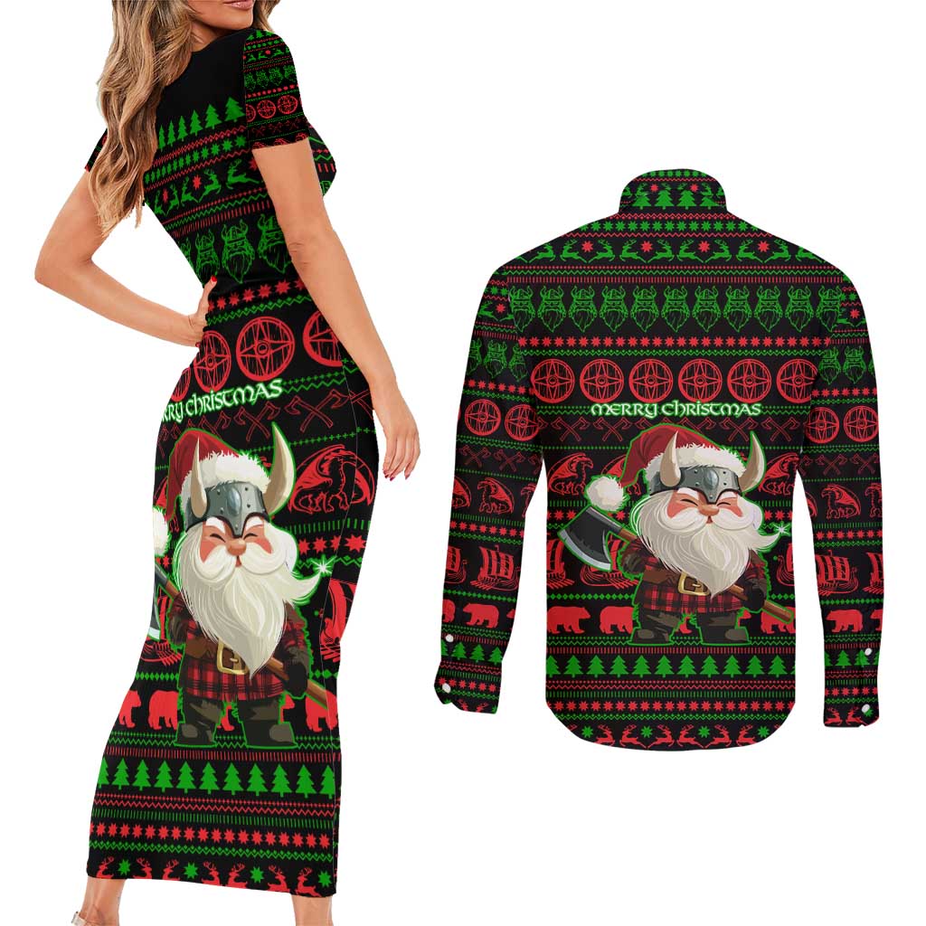 Viking Christmas Couples Matching Short Sleeve Bodycon Dress and Long Sleeve Button Shirt with Santa Warrior Axe Nordic Symbols Red Green Black Knit Pattern Design - Wonder Print Shop
