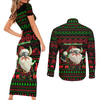 Viking Christmas Couples Matching Short Sleeve Bodycon Dress and Long Sleeve Button Shirt with Santa Warrior Axe Nordic Symbols Red Green Black Knit Pattern Design - Wonder Print Shop