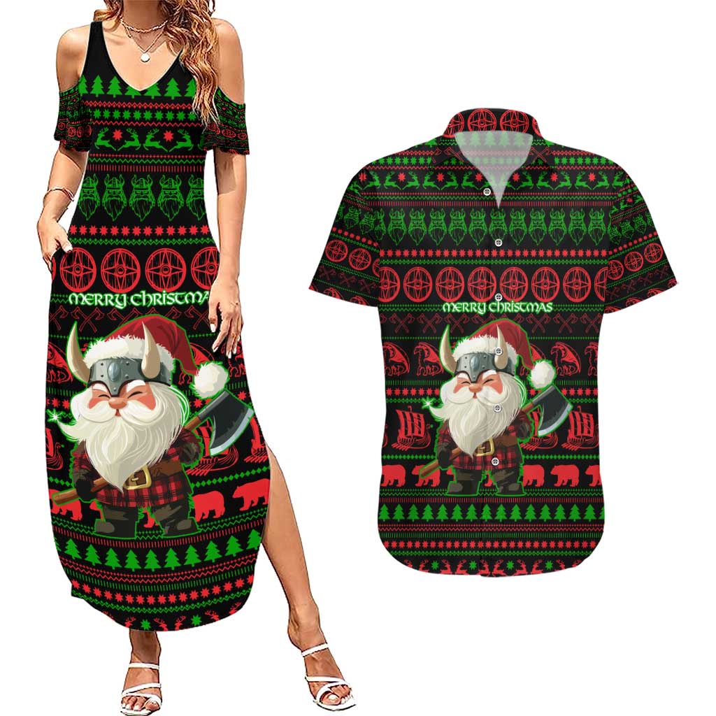 Viking Christmas Couples Matching Summer Maxi Dress and Hawaiian Shirt with Santa Warrior Axe Nordic Symbols Red Green Black Knit Pattern Design - Wonder Print Shop
