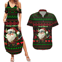 Viking Christmas Couples Matching Summer Maxi Dress and Hawaiian Shirt with Santa Warrior Axe Nordic Symbols Red Green Black Knit Pattern Design - Wonder Print Shop