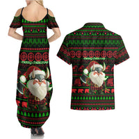 Viking Christmas Couples Matching Summer Maxi Dress and Hawaiian Shirt with Santa Warrior Axe Nordic Symbols Red Green Black Knit Pattern Design - Wonder Print Shop