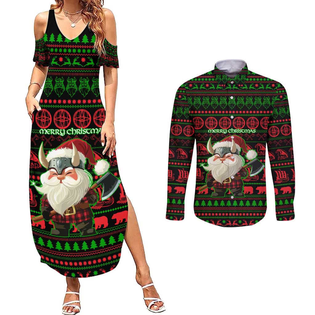Viking Christmas Couples Matching Summer Maxi Dress and Long Sleeve Button Shirt with Santa Warrior Axe Nordic Symbols Red Green Black Knit Pattern Design - Wonder Print Shop