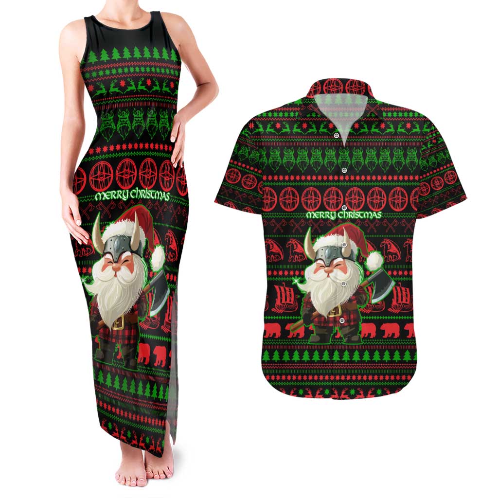 Viking Christmas Couples Matching Tank Maxi Dress and Hawaiian Shirt with Santa Warrior Axe Nordic Symbols Red Green Black Knit Pattern Design - Wonder Print Shop