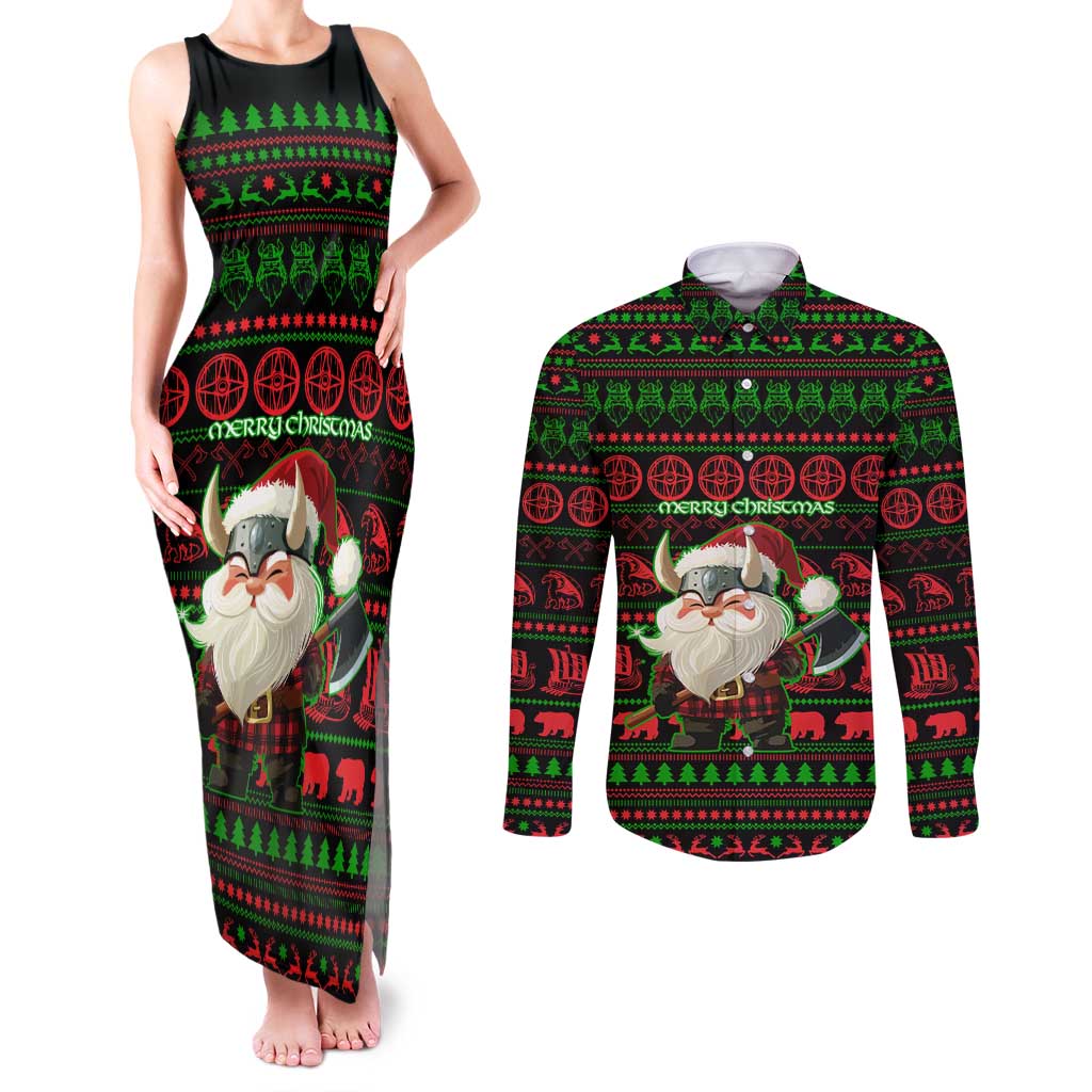 Viking Christmas Couples Matching Tank Maxi Dress and Long Sleeve Button Shirt with Santa Warrior Axe Nordic Symbols Red Green Black Knit Pattern Design - Wonder Print Shop