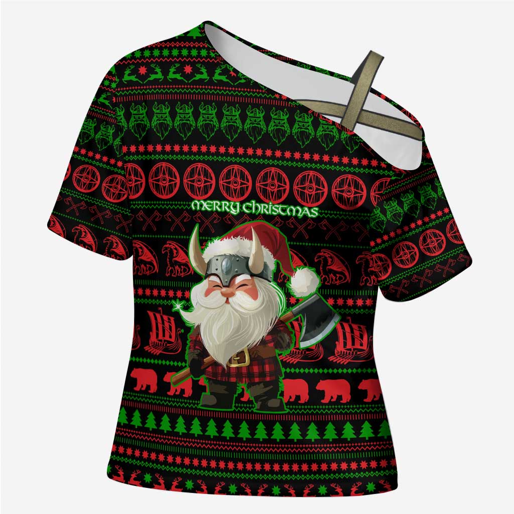 Viking Christmas Cross Shoulder Shirt with Santa Warrior Axe Nordic Symbols Red Green Black Knit Pattern Design - Wonder Print Shop