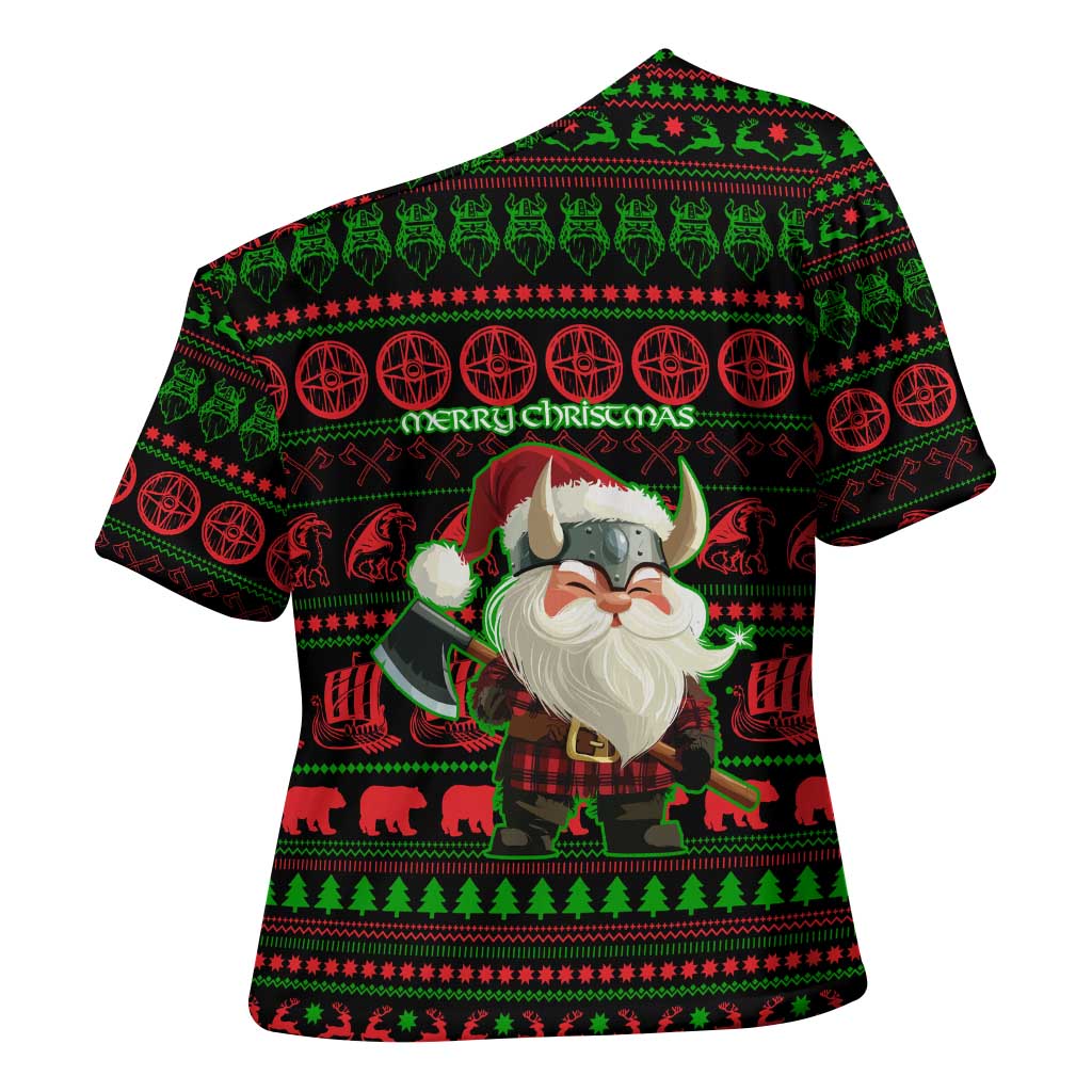 Viking Christmas Cross Shoulder Shirt with Santa Warrior Axe Nordic Symbols Red Green Black Knit Pattern Design - Wonder Print Shop