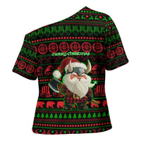 Viking Christmas Cross Shoulder Shirt with Santa Warrior Axe Nordic Symbols Red Green Black Knit Pattern Design - Wonder Print Shop