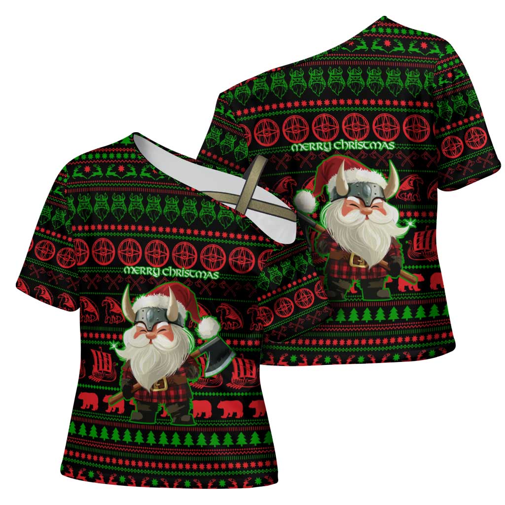 Viking Christmas Cross Shoulder Shirt with Santa Warrior Axe Nordic Symbols Red Green Black Knit Pattern Design - Wonder Print Shop