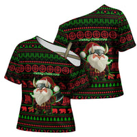 Viking Christmas Cross Shoulder Shirt with Santa Warrior Axe Nordic Symbols Red Green Black Knit Pattern Design - Wonder Print Shop