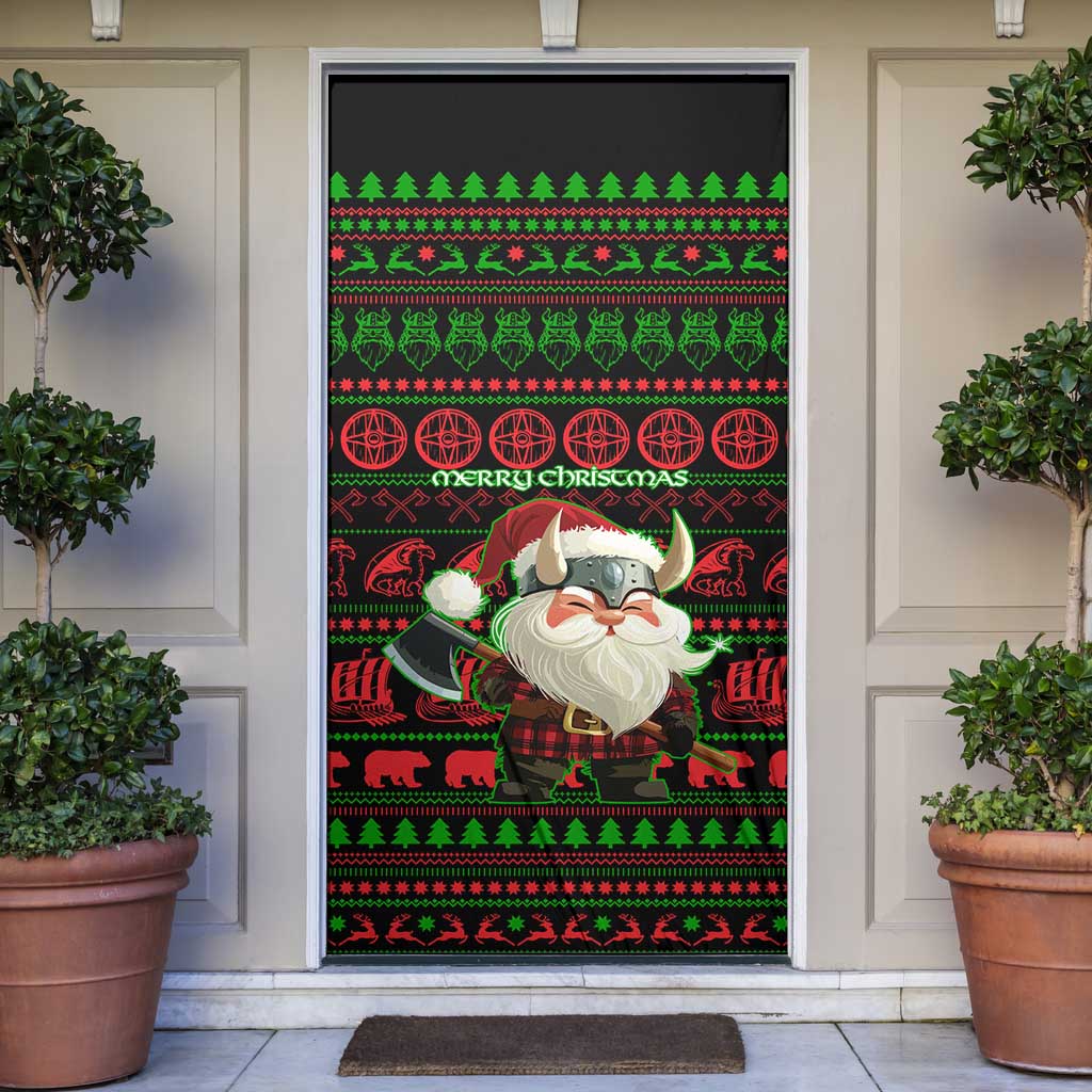 Viking Christmas Door Cover with Santa Warrior Axe Nordic Symbols Red Green Black Knit Pattern Design - Wonder Print Shop