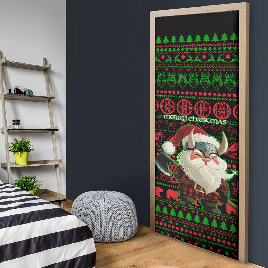 Viking Christmas Door Cover with Santa Warrior Axe Nordic Symbols Red Green Black Knit Pattern Design - Wonder Print Shop
