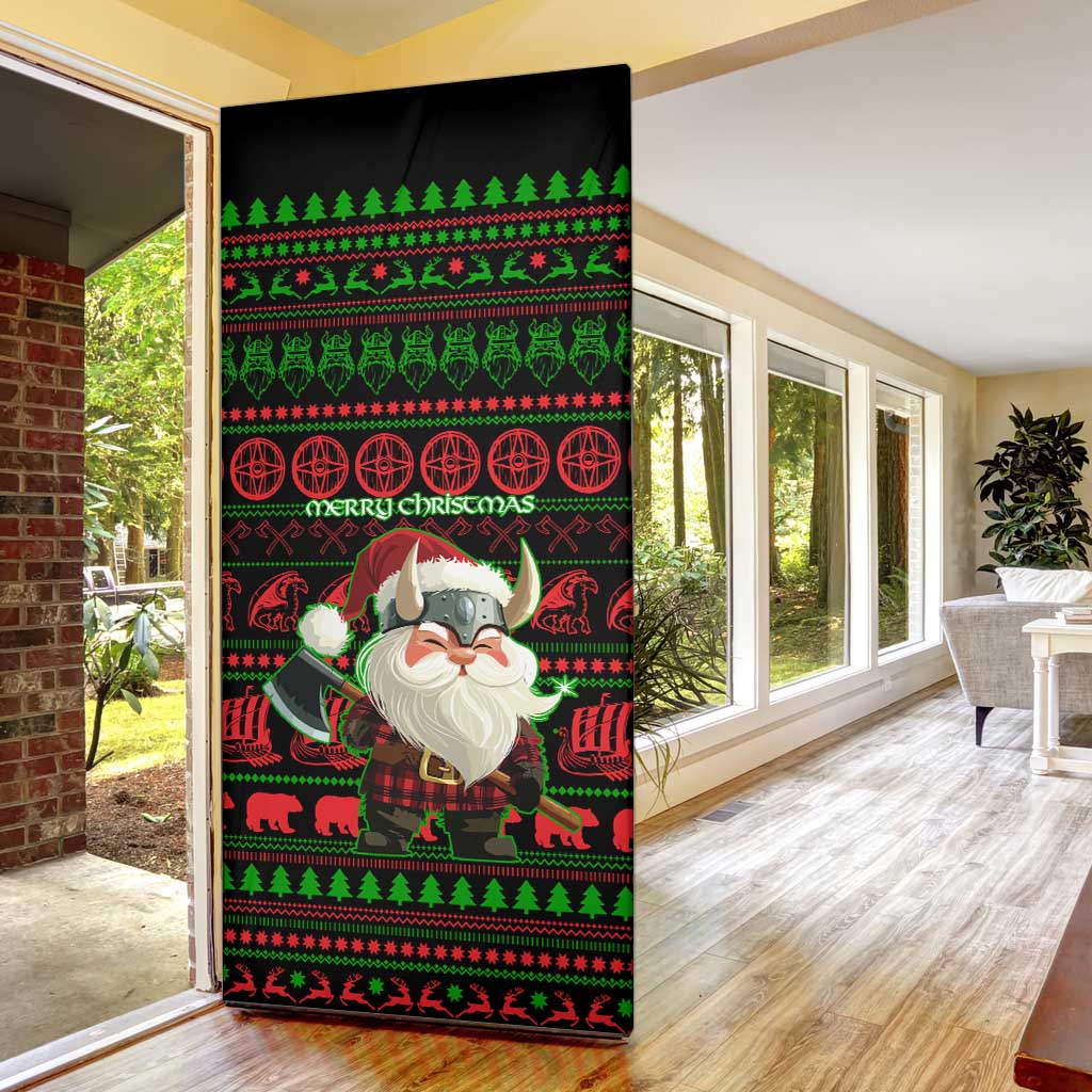 Viking Christmas Door Cover with Santa Warrior Axe Nordic Symbols Red Green Black Knit Pattern Design - Wonder Print Shop