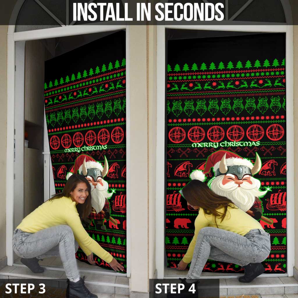Viking Christmas Door Cover with Santa Warrior Axe Nordic Symbols Red Green Black Knit Pattern Design - Wonder Print Shop