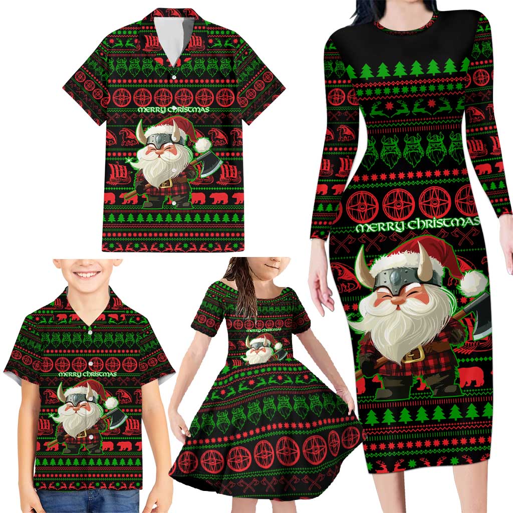 Viking Christmas Family Matching Long Sleeve Bodycon Dress and Hawaiian Shirt with Santa Warrior Axe Nordic Symbols Red Green Black Knit Pattern Design - Wonder Print Shop