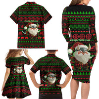 Viking Christmas Family Matching Long Sleeve Bodycon Dress and Hawaiian Shirt with Santa Warrior Axe Nordic Symbols Red Green Black Knit Pattern Design - Wonder Print Shop