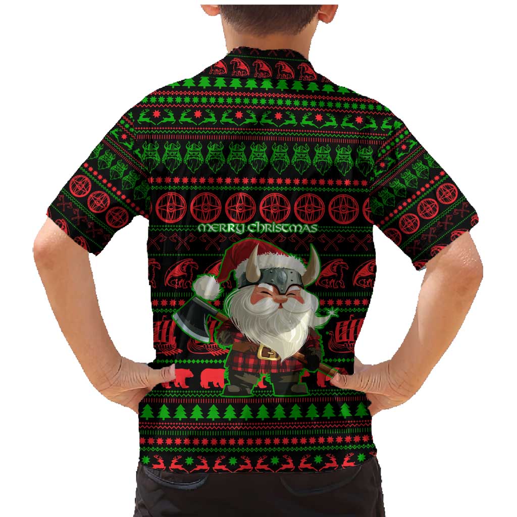 Viking Christmas Family Matching Mermaid Dress and Hawaiian Shirt with Santa Warrior Axe Nordic Symbols Red Green Black Knit Pattern Design - Wonder Print Shop