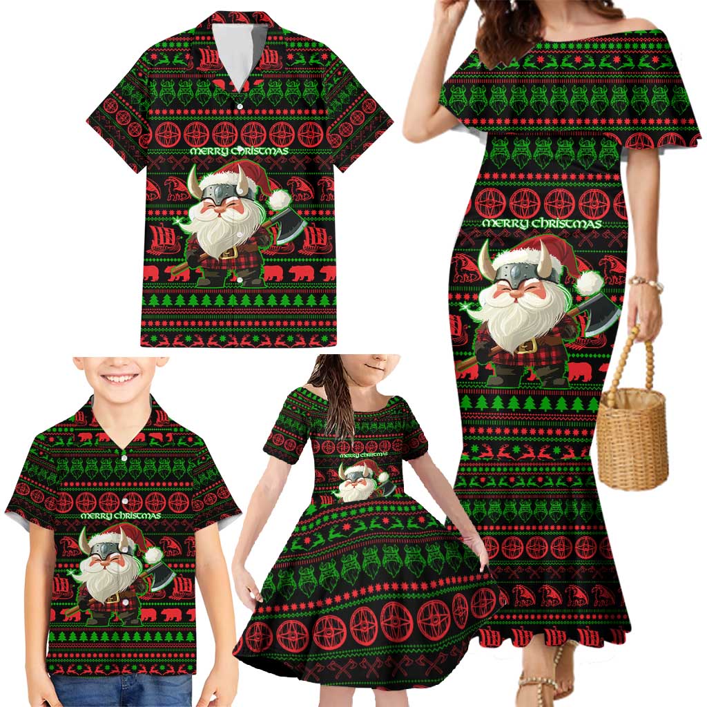 Viking Christmas Family Matching Mermaid Dress and Hawaiian Shirt with Santa Warrior Axe Nordic Symbols Red Green Black Knit Pattern Design - Wonder Print Shop