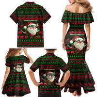 Viking Christmas Family Matching Mermaid Dress and Hawaiian Shirt with Santa Warrior Axe Nordic Symbols Red Green Black Knit Pattern Design - Wonder Print Shop