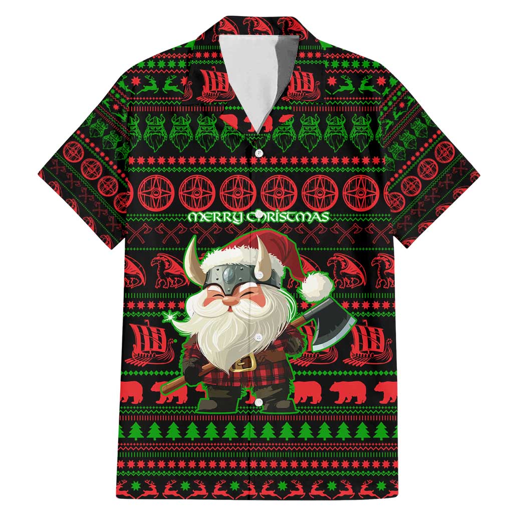 Viking Christmas Family Matching Mermaid Dress and Hawaiian Shirt with Santa Warrior Axe Nordic Symbols Red Green Black Knit Pattern Design - Wonder Print Shop