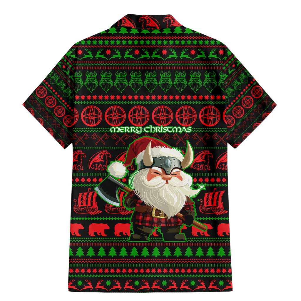 Viking Christmas Family Matching Mermaid Dress and Hawaiian Shirt with Santa Warrior Axe Nordic Symbols Red Green Black Knit Pattern Design - Wonder Print Shop