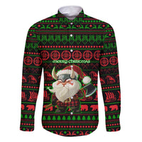 Viking Christmas Family Matching Mermaid Dress and Hawaiian Shirt with Santa Warrior Axe Nordic Symbols Red Green Black Knit Pattern Design - Wonder Print Shop