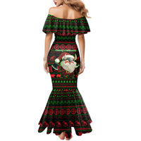 Viking Christmas Family Matching Mermaid Dress and Hawaiian Shirt with Santa Warrior Axe Nordic Symbols Red Green Black Knit Pattern Design - Wonder Print Shop