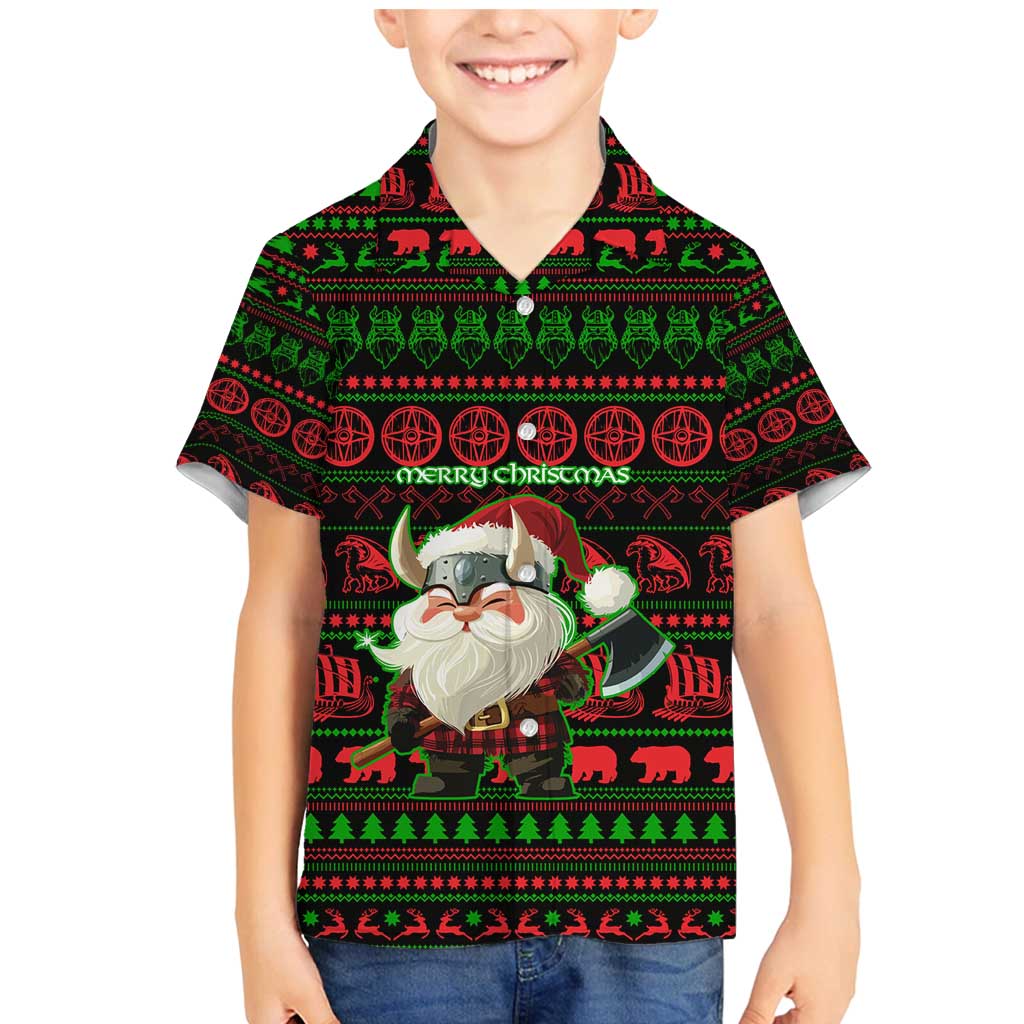 Viking Christmas Family Matching Mermaid Dress and Hawaiian Shirt with Santa Warrior Axe Nordic Symbols Red Green Black Knit Pattern Design - Wonder Print Shop