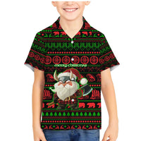 Viking Christmas Family Matching Mermaid Dress and Hawaiian Shirt with Santa Warrior Axe Nordic Symbols Red Green Black Knit Pattern Design - Wonder Print Shop