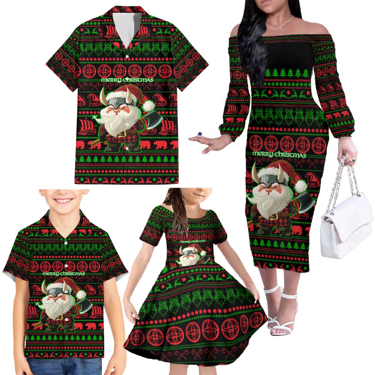Viking Christmas Family Matching Off The Shoulder Long Sleeve Dress and Hawaiian Shirt with Santa Warrior Axe Nordic Symbols Red Green Black Knit Pattern Design - Wonder Print Shop