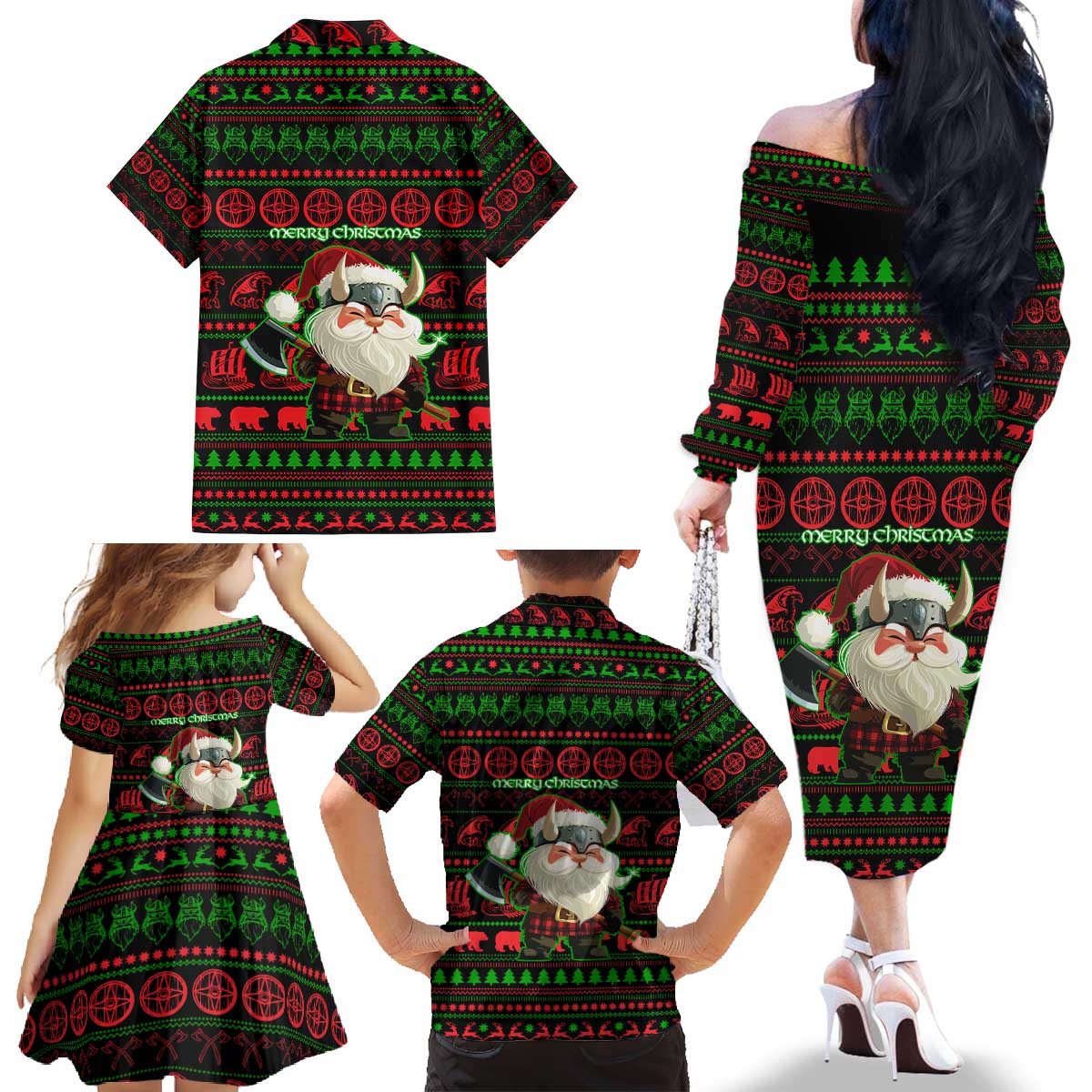 Viking Christmas Family Matching Off The Shoulder Long Sleeve Dress and Hawaiian Shirt with Santa Warrior Axe Nordic Symbols Red Green Black Knit Pattern Design - Wonder Print Shop