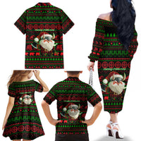 Viking Christmas Family Matching Off The Shoulder Long Sleeve Dress and Hawaiian Shirt with Santa Warrior Axe Nordic Symbols Red Green Black Knit Pattern Design - Wonder Print Shop