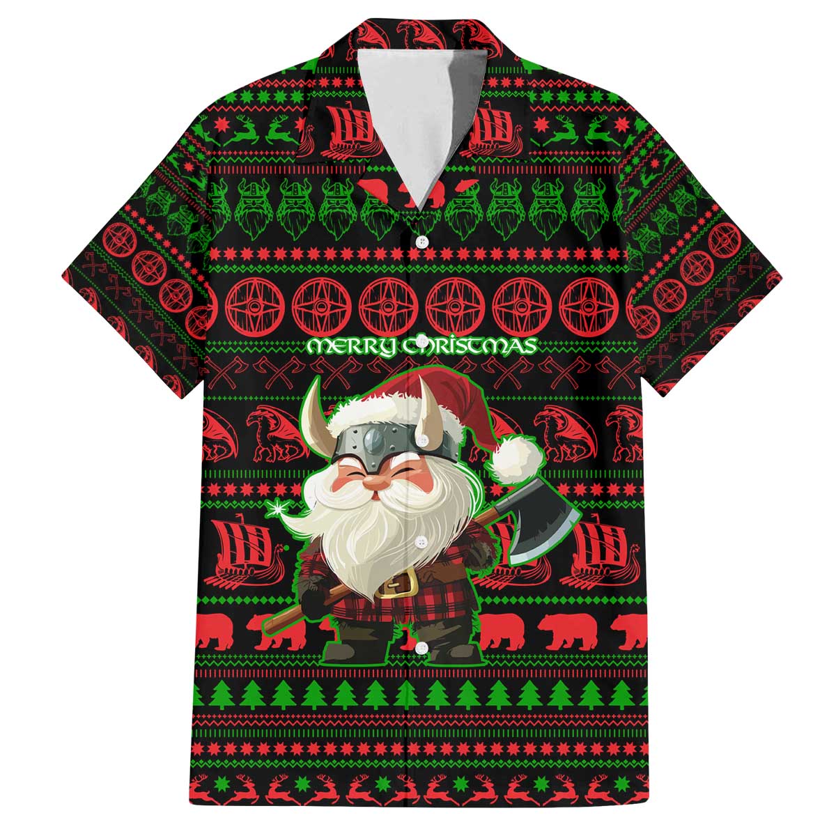 Viking Christmas Family Matching Off The Shoulder Long Sleeve Dress and Hawaiian Shirt with Santa Warrior Axe Nordic Symbols Red Green Black Knit Pattern Design - Wonder Print Shop