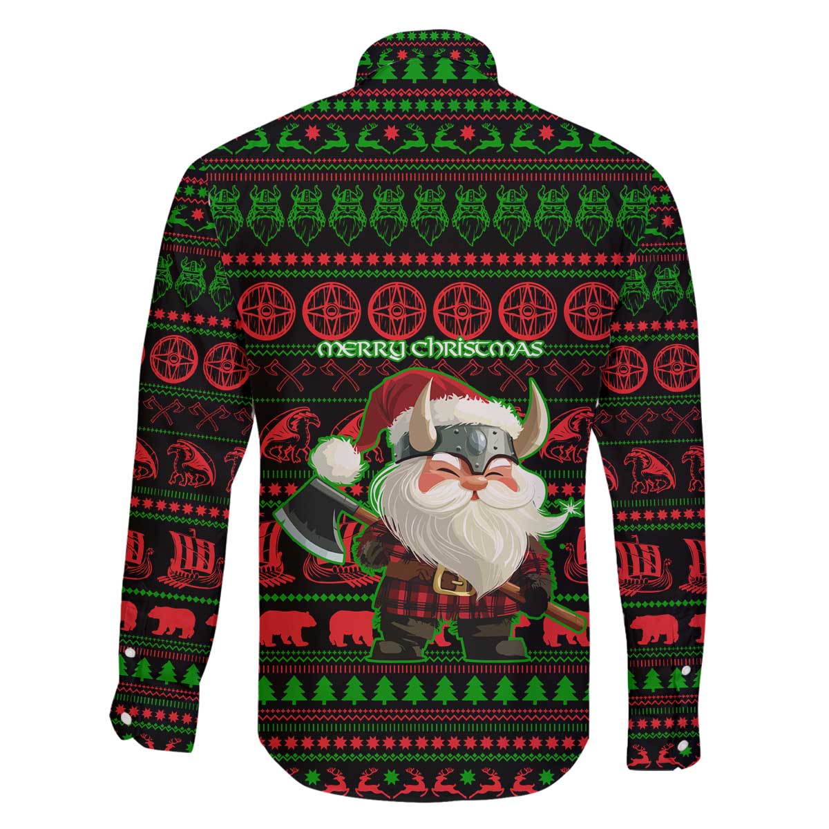Viking Christmas Family Matching Off The Shoulder Long Sleeve Dress and Hawaiian Shirt with Santa Warrior Axe Nordic Symbols Red Green Black Knit Pattern Design - Wonder Print Shop