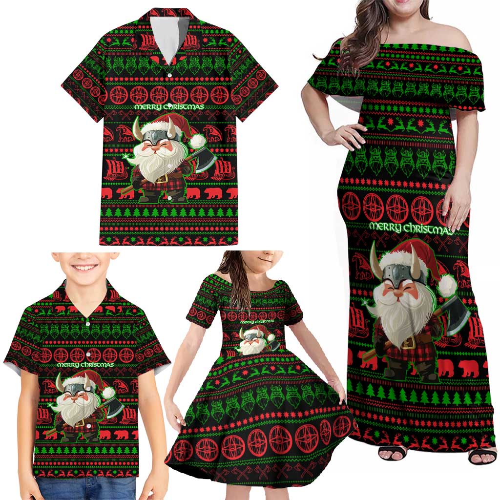 Viking Christmas Family Matching Off Shoulder Maxi Dress and Hawaiian Shirt with Santa Warrior Axe Nordic Symbols Red Green Black Knit Pattern Design - Wonder Print Shop
