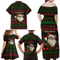 Viking Christmas Family Matching Off Shoulder Maxi Dress and Hawaiian Shirt with Santa Warrior Axe Nordic Symbols Red Green Black Knit Pattern Design - Wonder Print Shop