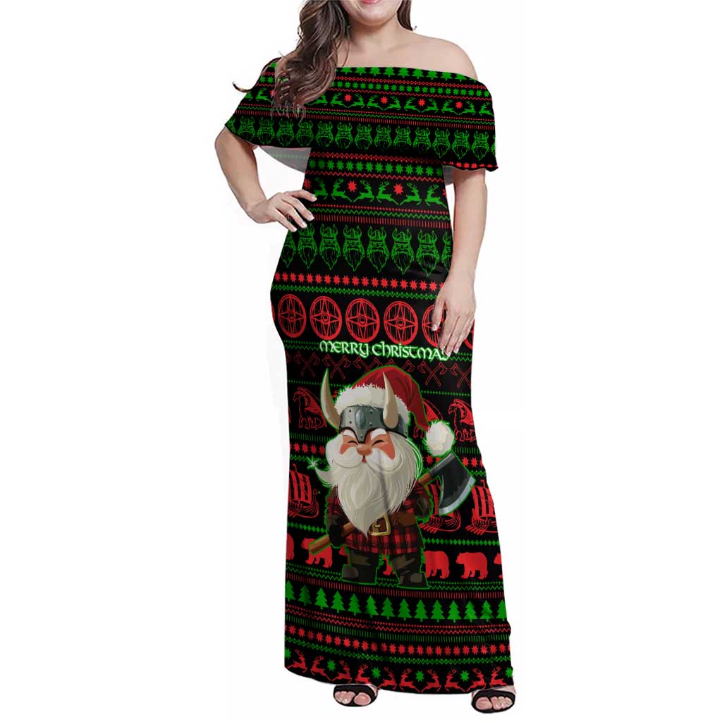 Viking Christmas Family Matching Off Shoulder Maxi Dress and Hawaiian Shirt with Santa Warrior Axe Nordic Symbols Red Green Black Knit Pattern Design - Wonder Print Shop